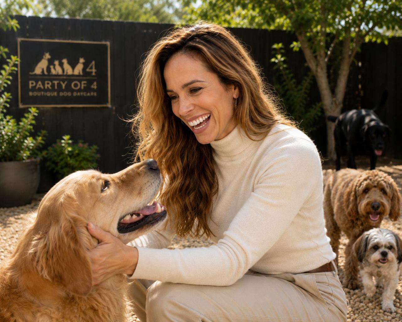 The owner of Party of 4 crouching in the yard with a golden retriever, three more dogs nearby, beside the Party of 4 sign
