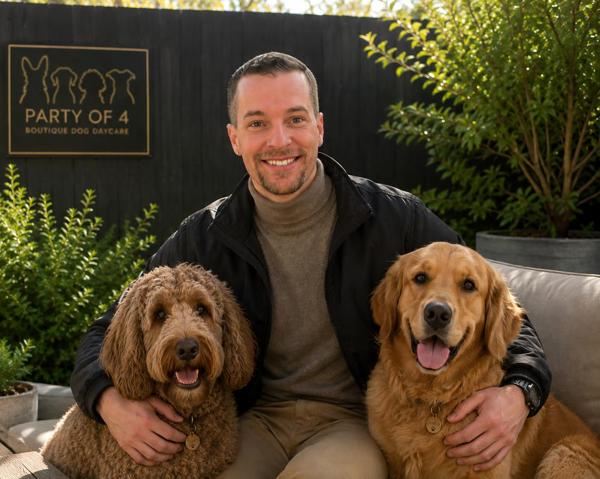 The owner of Party of 4 seated outside with two dogs