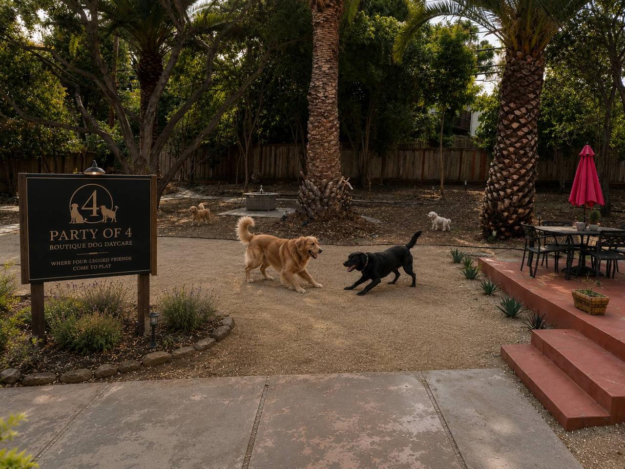 The fenced yard at Party of 4, with two dogs playing
